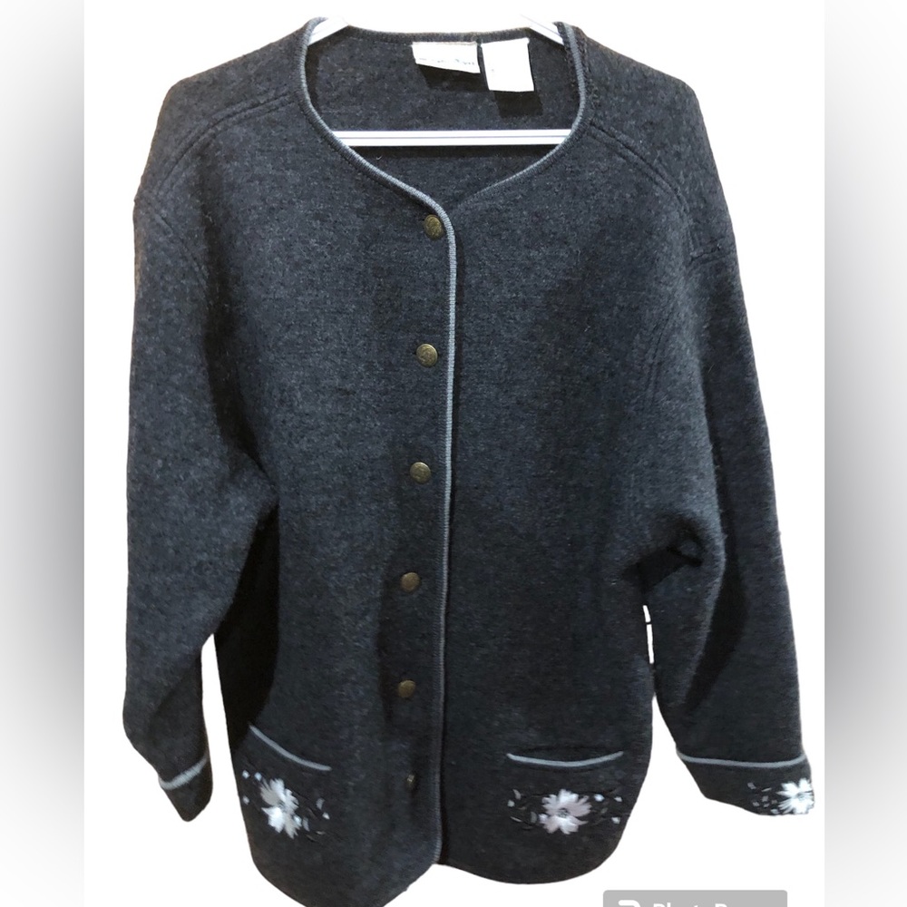 Vintage Huntington Ridge Wool Cardigan Large Floral Gray Buttons Sweater